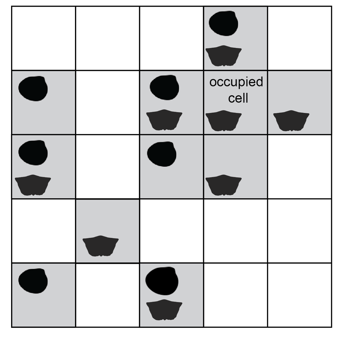 A 5-by-5 grid, with small depictions of a bivalve and brachiopod in some squares to indicate presence points