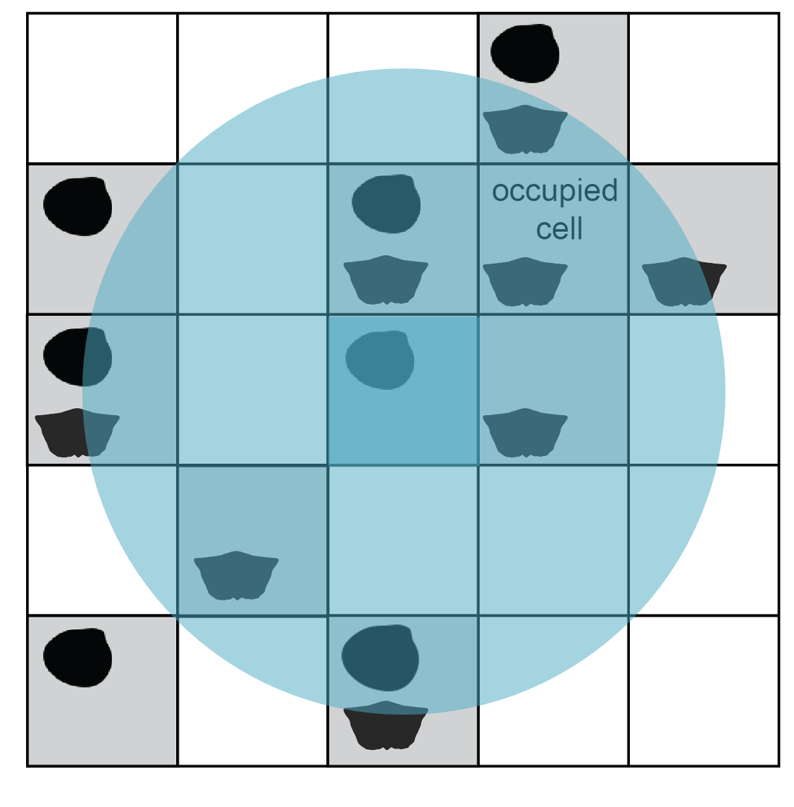 A circle is overlaid on the grid, centered on the middle grid cell highlighted in the previous step. The circle covers some nearby grid cells completely and some farther cells partially.