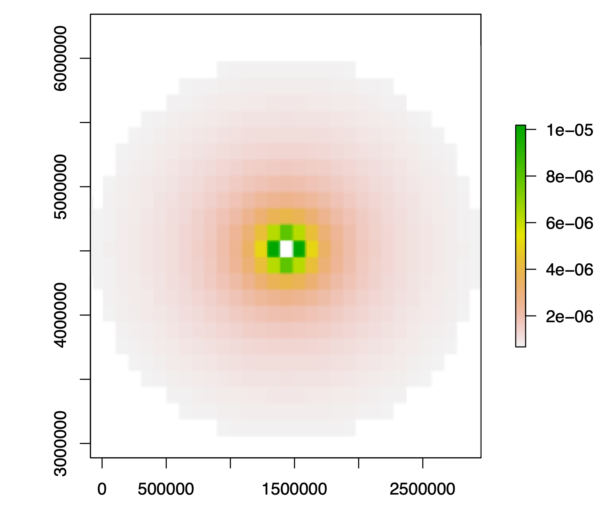 Cell selection probabilities in weighted subsampling are proportional to the inverse of the squared distance from the center, colored as a heatmap in this example. The seed cell is always included in weighted subsamples.